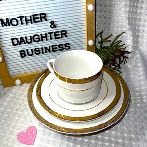 SANGO DEVILLE 8463 Tea Coffee Cup, Saucer, 7.5" Cake Plate WHITE GOLD RIM.